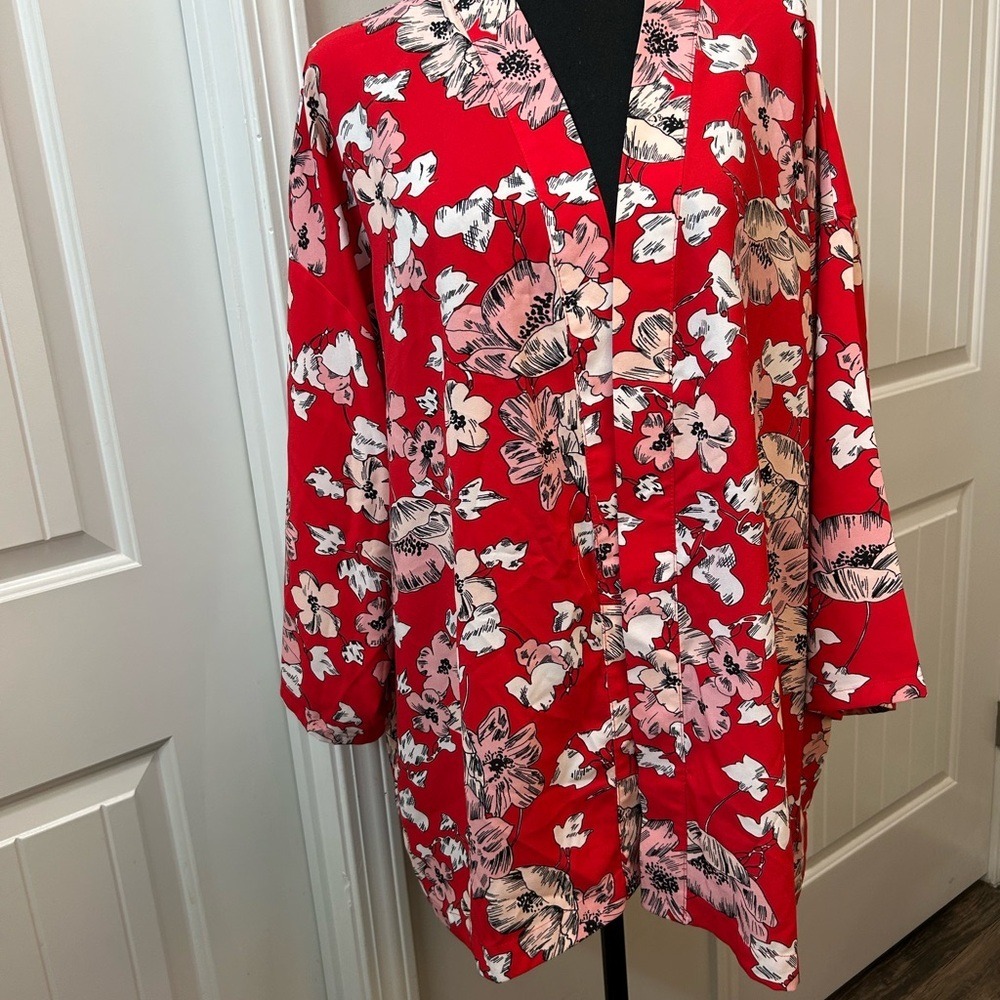 ROZ & ALI Woman Floral Print Red Kimono Cardigan Style Top 3X